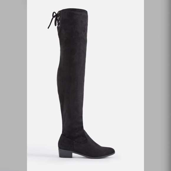 Black Faux Suede Over-the-knee Boot Lace-up Top 10 - Picture 3 of 4